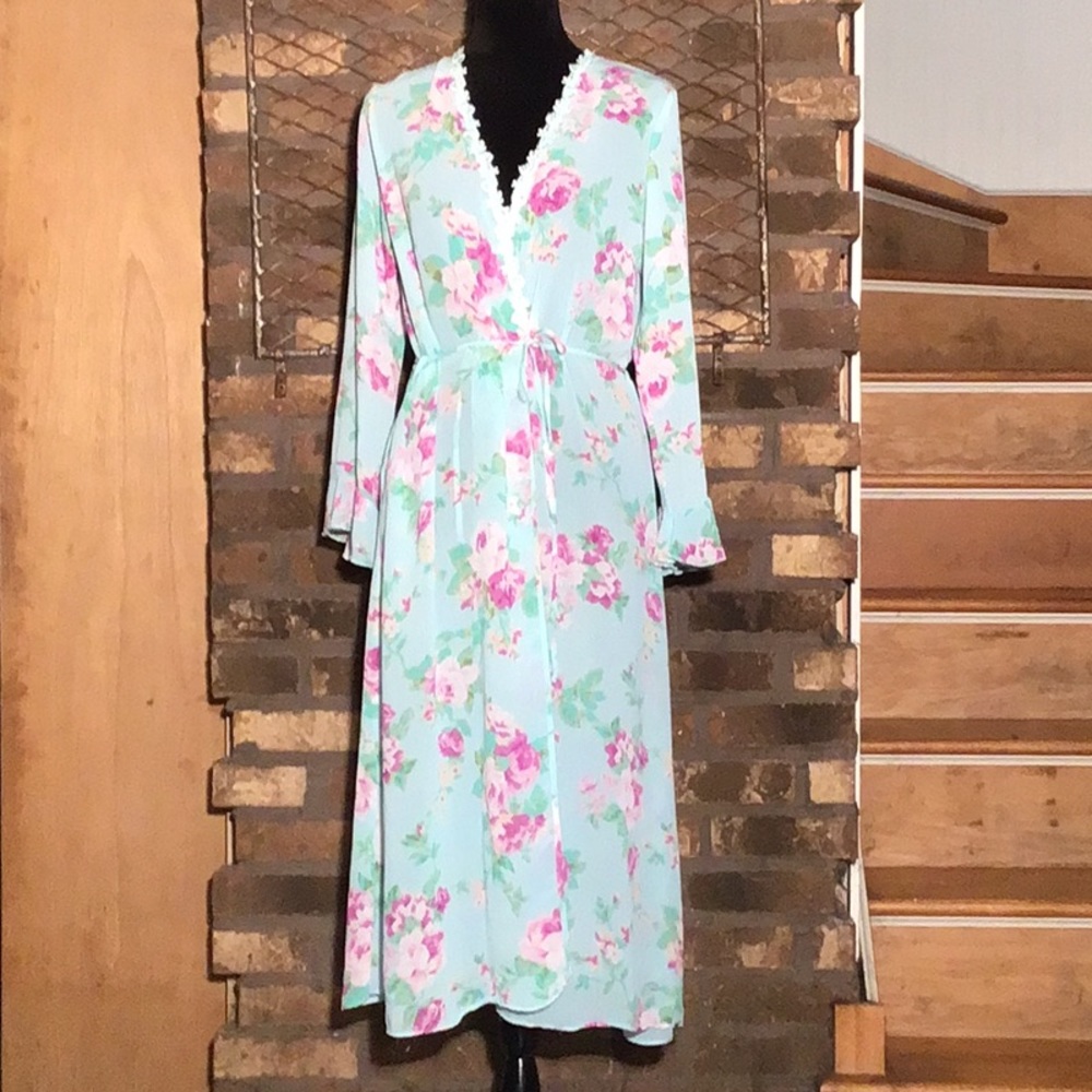 enchanting sheer wrap robe cover-up floral mint green S
